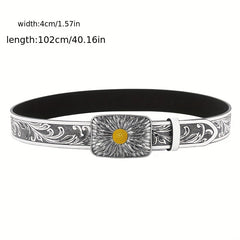 Silvery Sunflower Carved Buckle Belt Western Leaf Embossed Belt