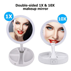 LED Makeup Mirror Organizer Foldable w/ 1X & 10X Magnifying