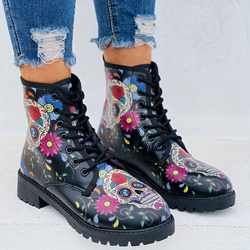 Skull & Rose Gothic Combat Boots Lace Up Ankle Halloween Shoes