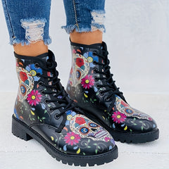 Skull & Rose Gothic Combat Boots Lace Up Ankle Halloween Shoes