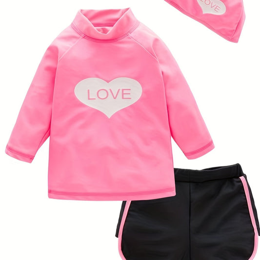 Girls 3pcs Swimsuit Long Sleeve Top & Shorts & Swim Cap LOVE Heart Pattern