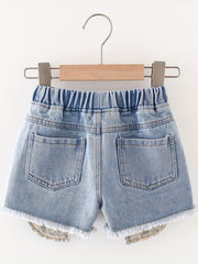 Girls Distressed Leopard Pattern Denim Shorts Kids Summer Beach Pants