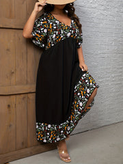  Colorblock Ditsy Print V Neck Maxi Dress