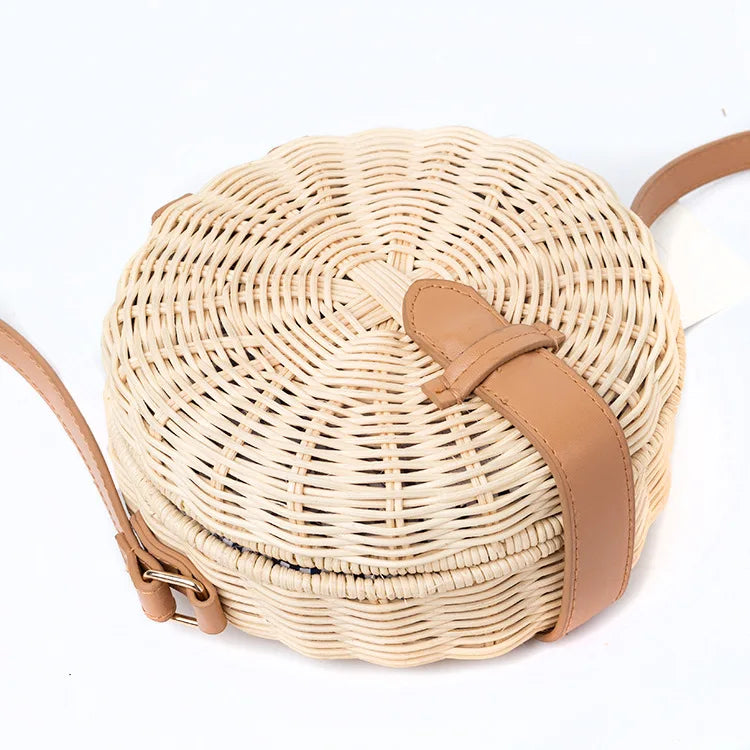 Hand Woven Round Rattan Bag for Women - Beach Bag