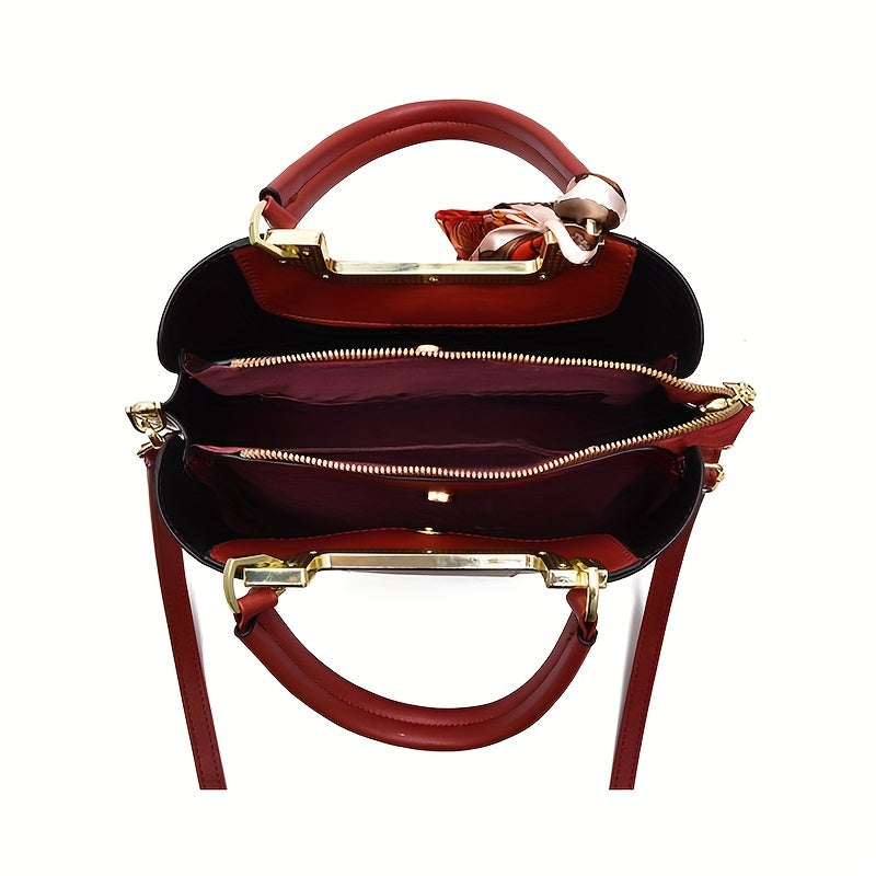Classic Tote Shoulder Bag Solid Satchel Bag Scarf Decor Women's Bag