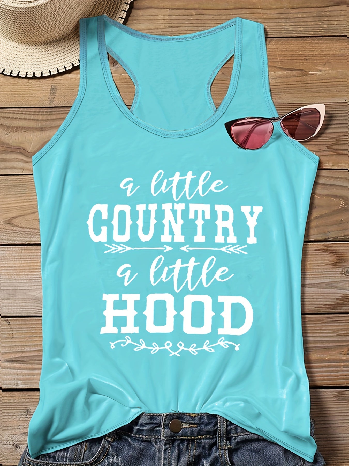  Art Letter Print Tank Top Round Neck Stretch Vest