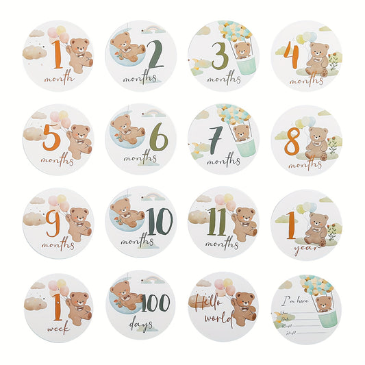 16pcs Birth Commemorative Cards Bear Cartoon Growth Record Signs Props