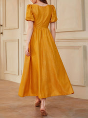 Square Neck Flower Patchwork Dress Short Sleeve Party Wear