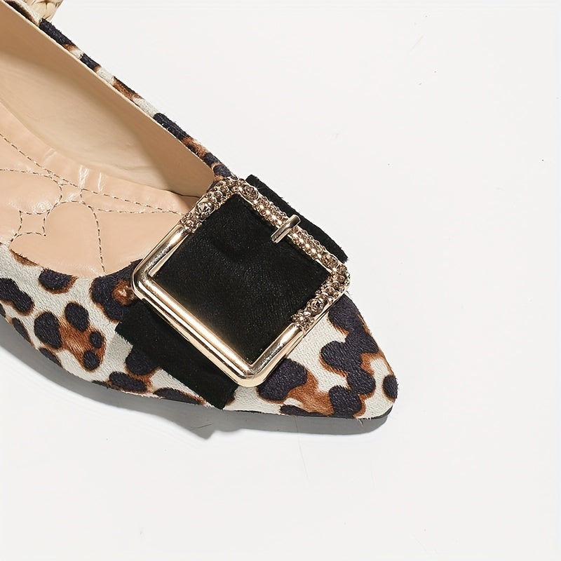 Leopard Print Flat Shoes Point Toe Dress Shoes Lightweight Square Buckle Decor