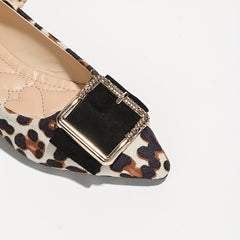 Leopard Print Flat Shoes Point Toe Dress Shoes Lightweight Square Buckle Decor