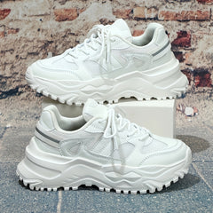 Faux Leather Mesh Running Shoes Heighten Wear Resistance Chunky Sneakers