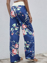  Floral Print Wide Leg Trousers Elastic Drawstring High Rise Pants