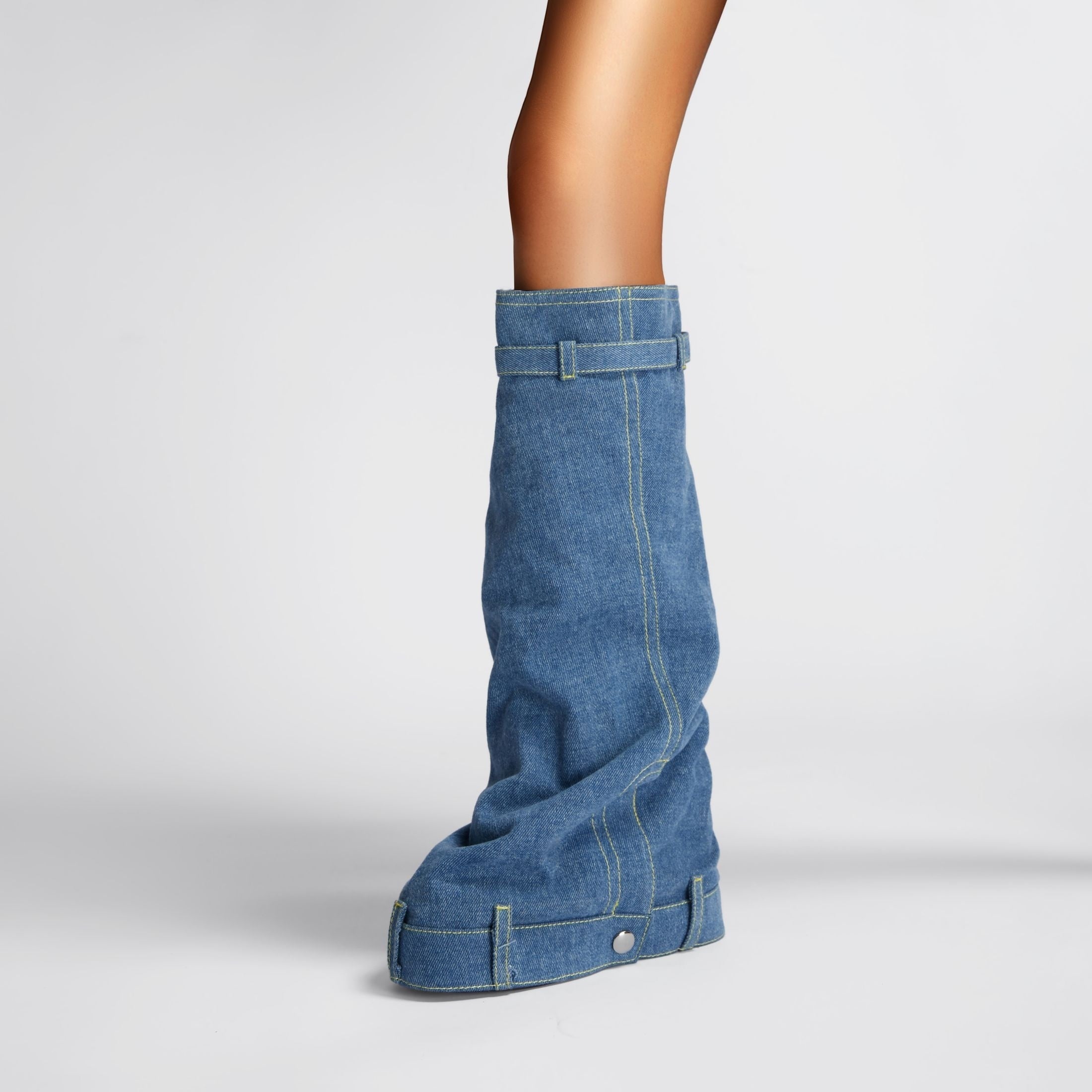Women's Padlock Decor Fold Long Boots Mid Calf Wedge Denim Platform