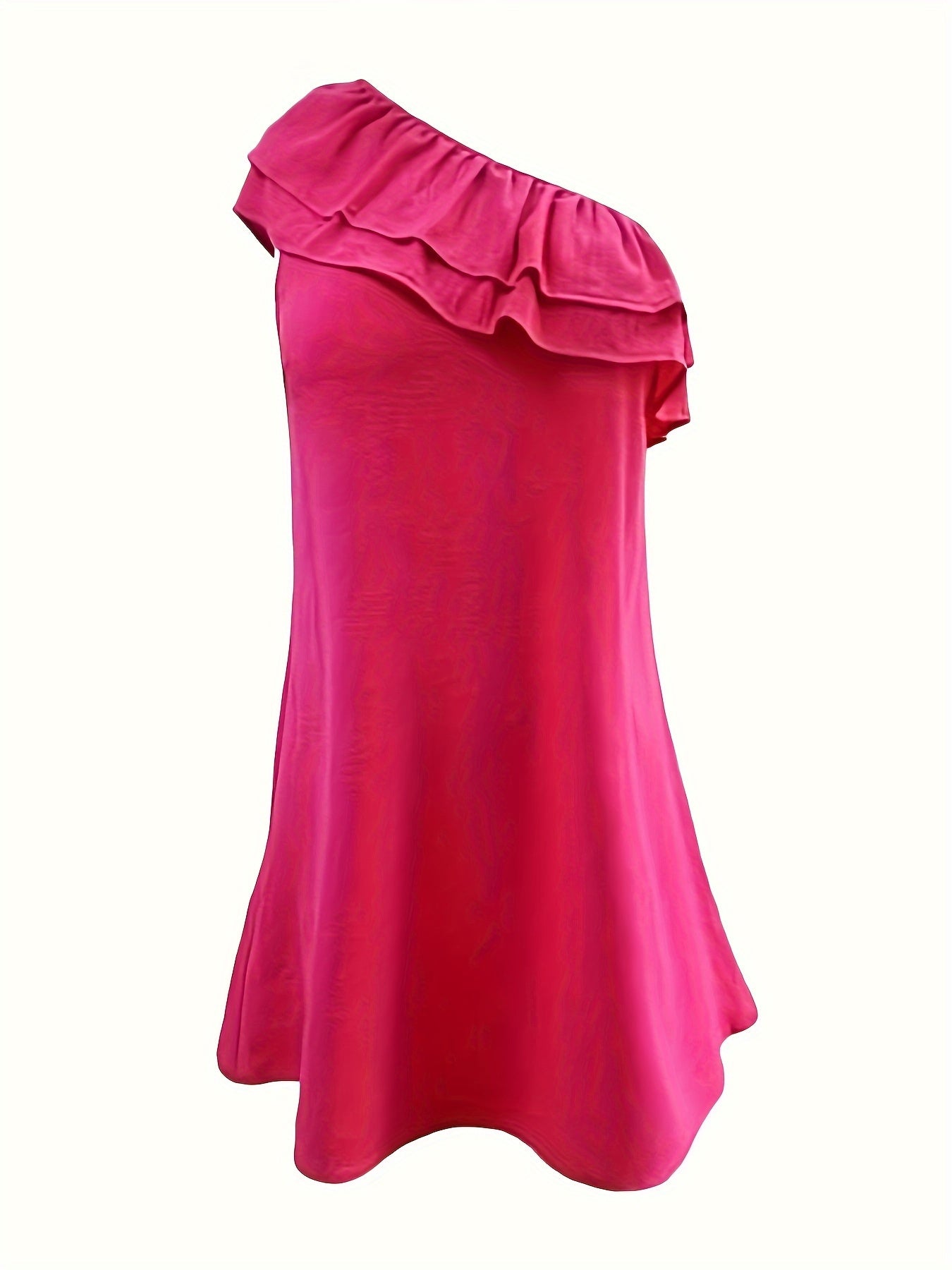  Solid One Shoulder Ruffle Tunic Dress