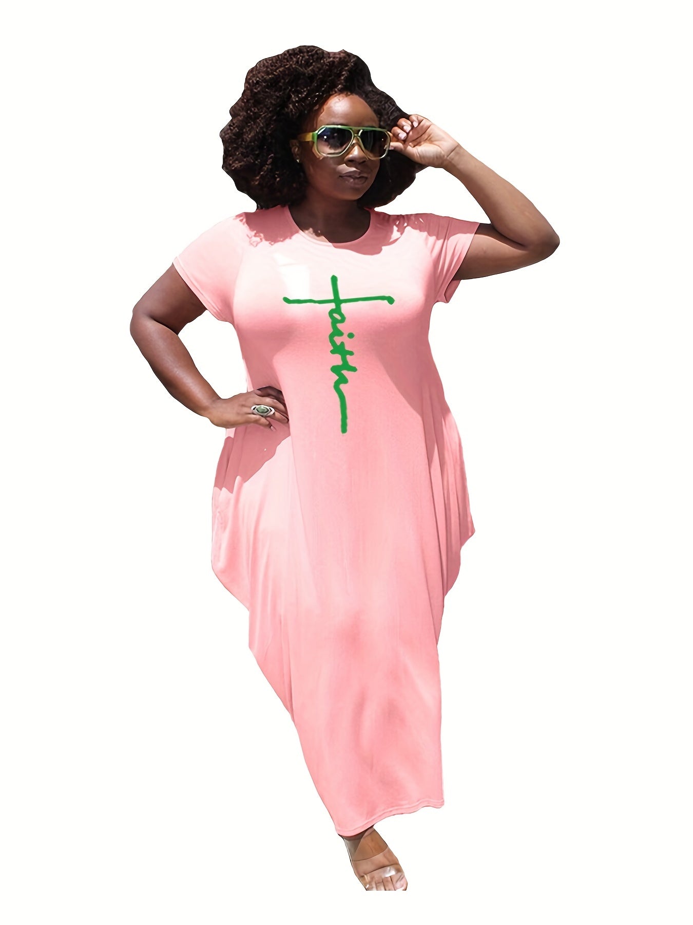 Women's Plus Letter Print Long Sleeve Round Neck Casual Dress