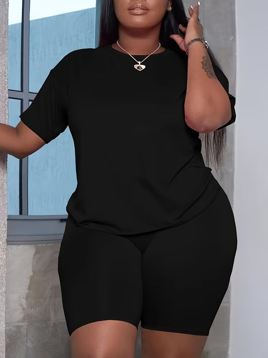  Solid Short Sleeve T shirt & Skinny Shorts Set Women's Plus Slight Str