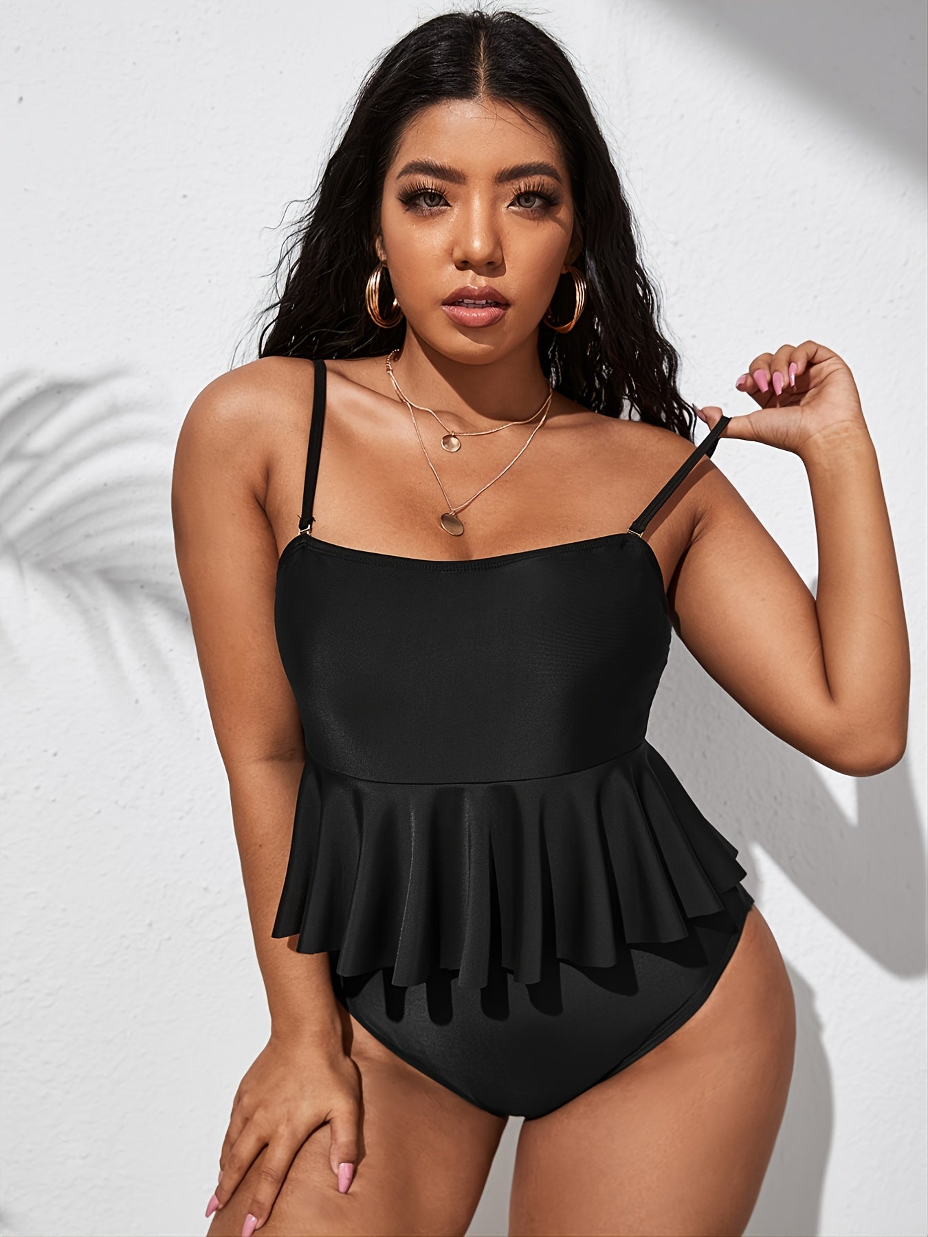 Solid Ruffle Trim One Piece Bikini Plus Size High Stretch Swimsuit