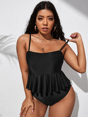 Solid Ruffle Trim One Piece Bikini Plus Size High Stretch Swimsuit