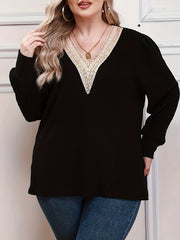  Colorblock Lace Long Sleeve V Neck Sweater