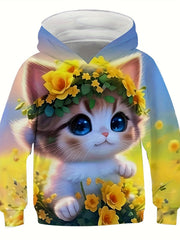 Girls Kitty & Flower Graphic Hoodies Comfy Casual Sweatshirt