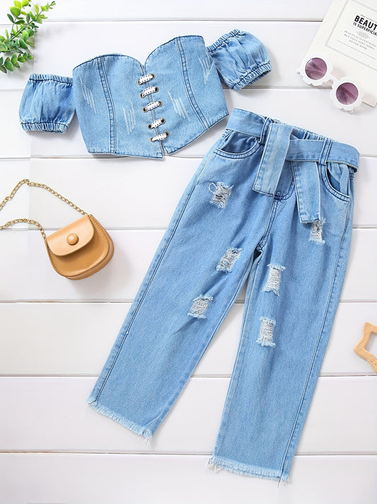 2pcs Toddler Girls Off Shoulder Denim Tube Top & Ripped Belted Jeans Set