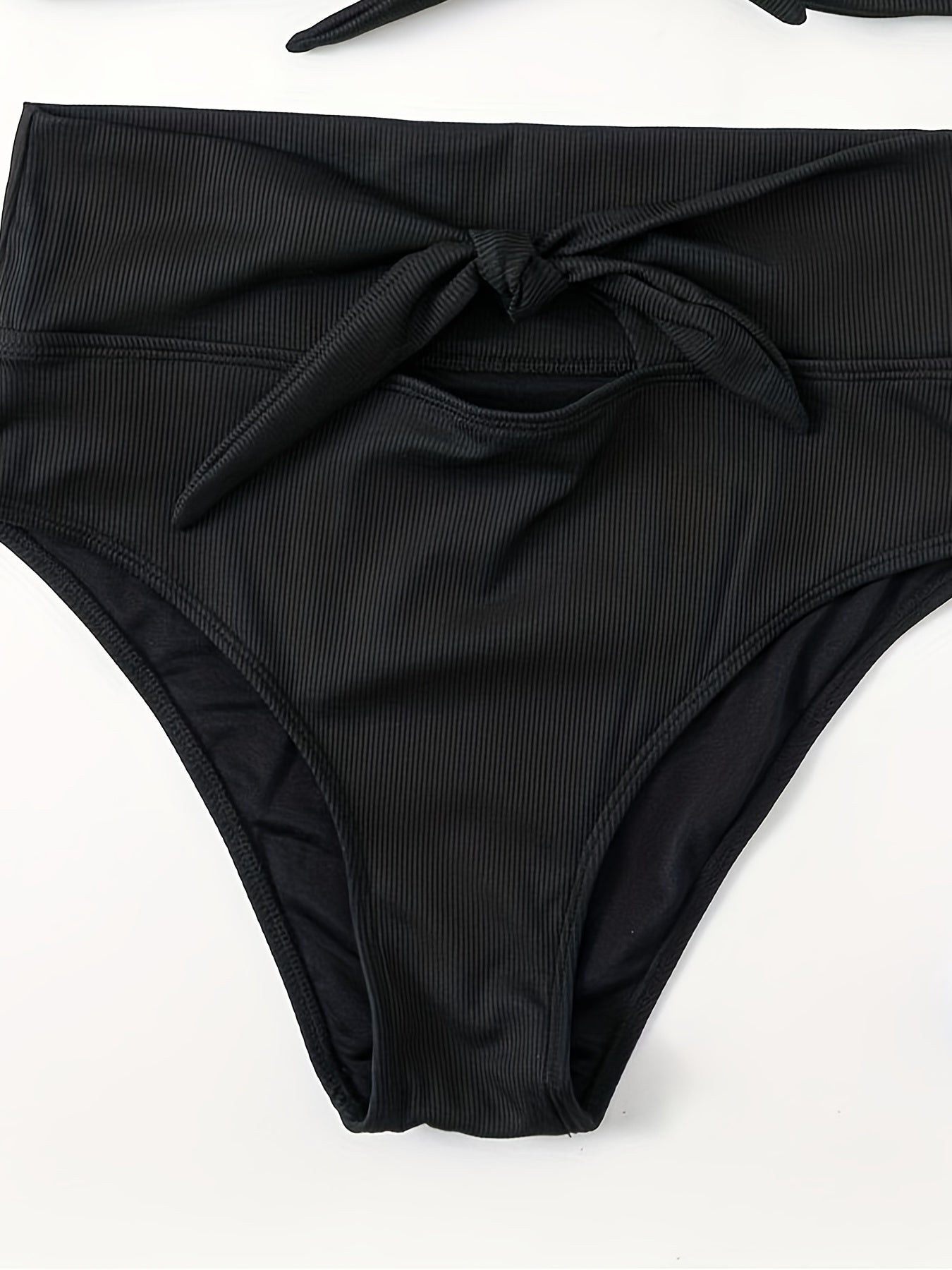  Solid Ribbed Bikini Set with Bow Knot Cut Out