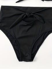  Solid Ribbed Bikini Set with Bow Knot Cut Out