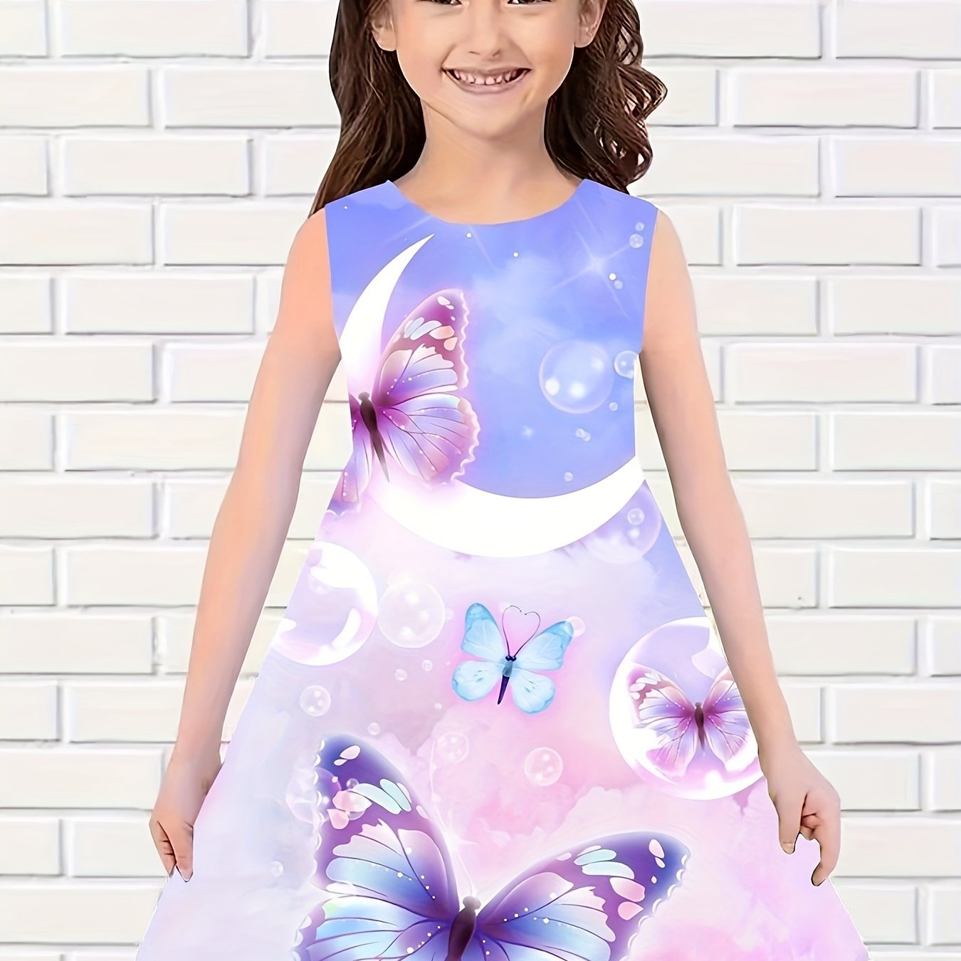 Dreamy Butterfly Print Dress Girls Sleeveless Summer Party Gift