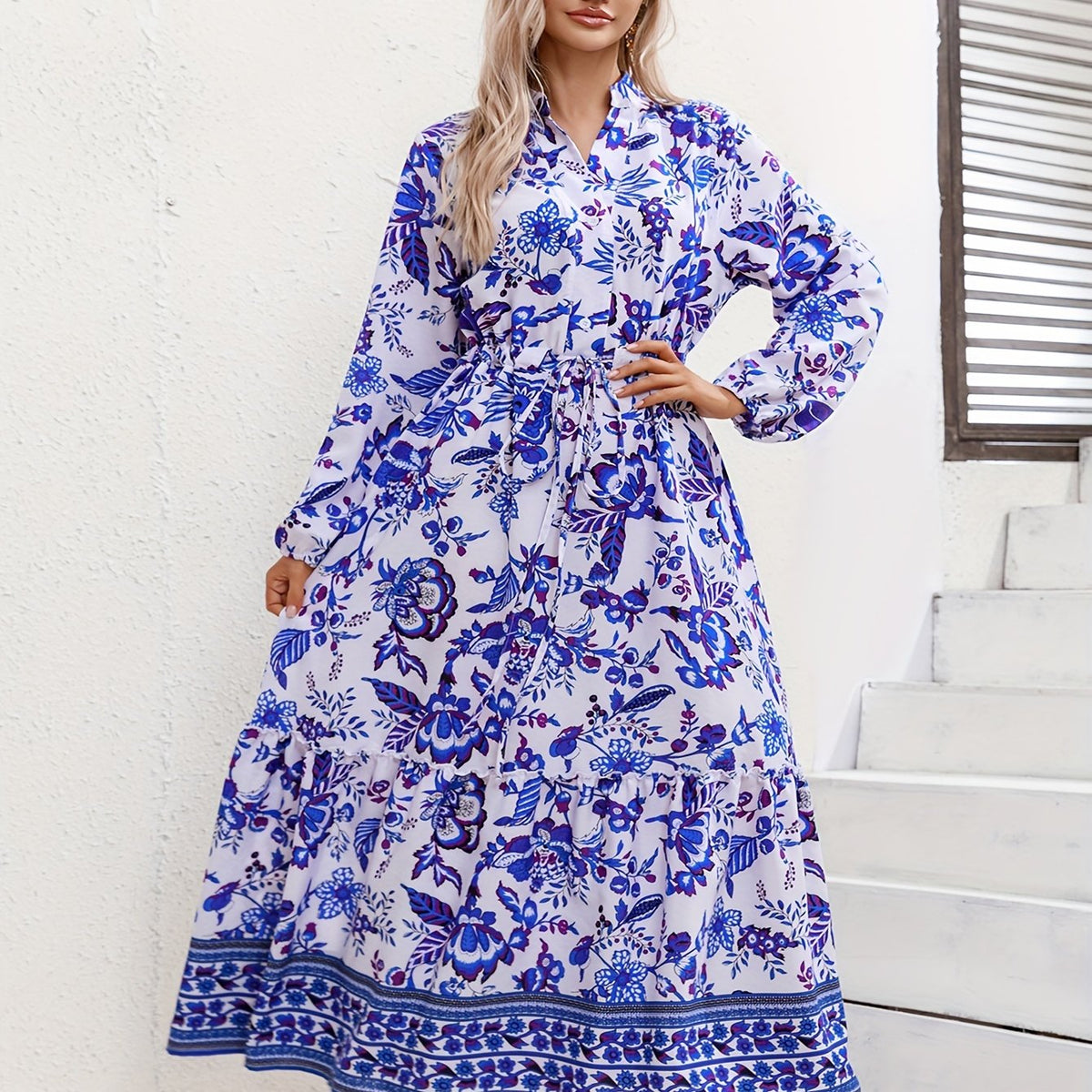  Floral Print Lantern Sleeve Maxi Dress With Belt
