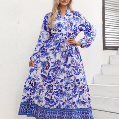  Floral Print Lantern Sleeve Maxi Dress With Belt