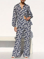  Allover Print Blouse & Pants 2 Piece Set