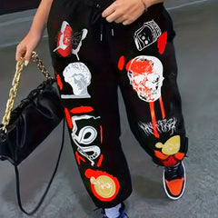  Graffiti Print Drawstring High Rise Pants