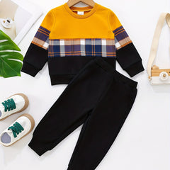 Toddler Boy's Plaid Sweatshirt & Sweatpants Set Street Style Outfit