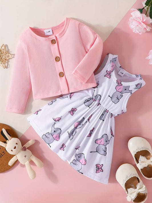 2pcs Baby Girls Cardigan & Elephant Dress Set