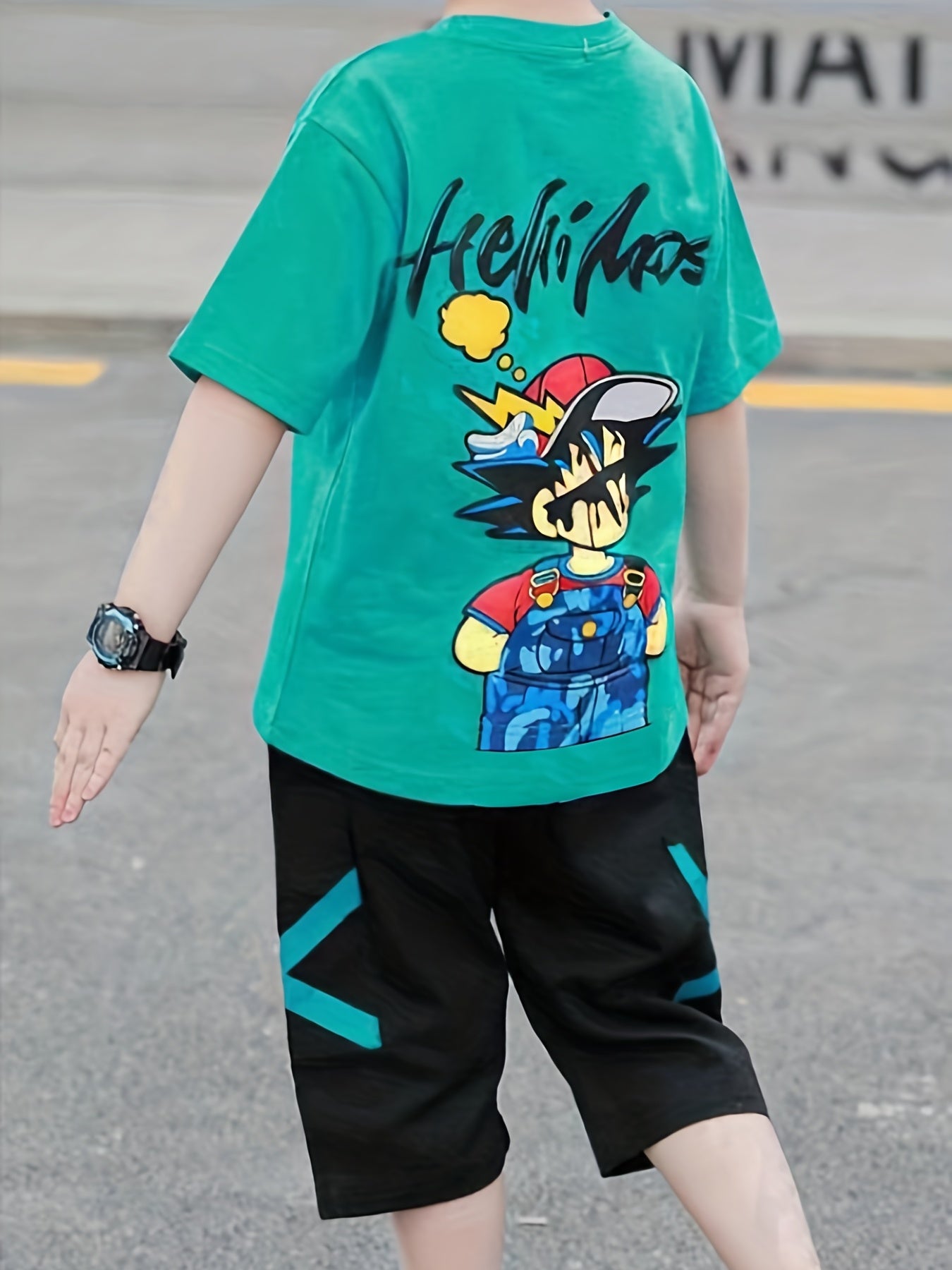 Boys Cartoon & Letter TShirt Set Round Neck Tees Top & Elastic Waist Shorts