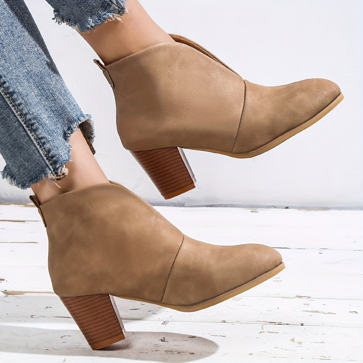 Women's Block Heel Short Boots Slip-On Comfortable Closed Toe Shoes