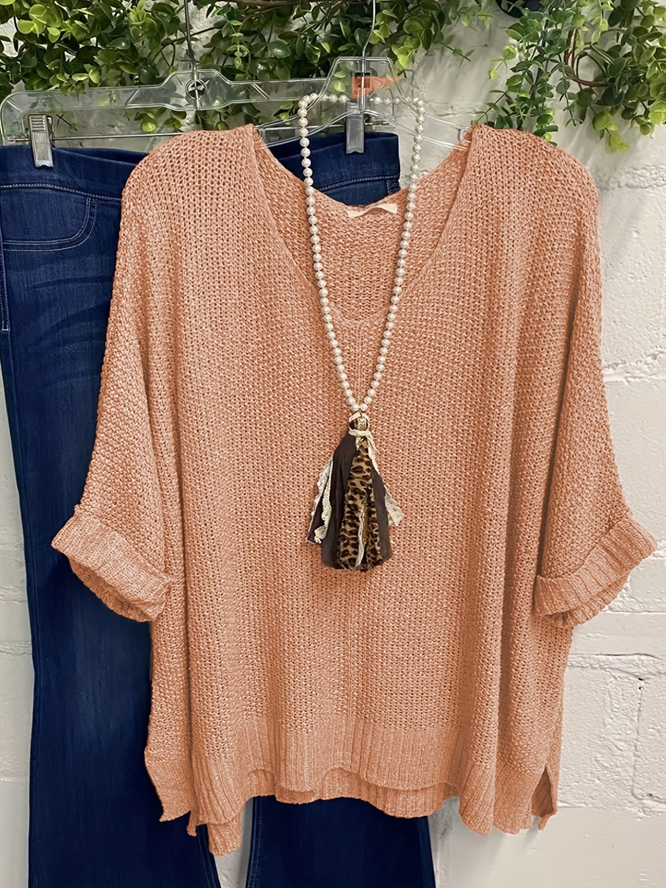 Casual Sweater Women's Solid Half Sleeve V Neck Jumper