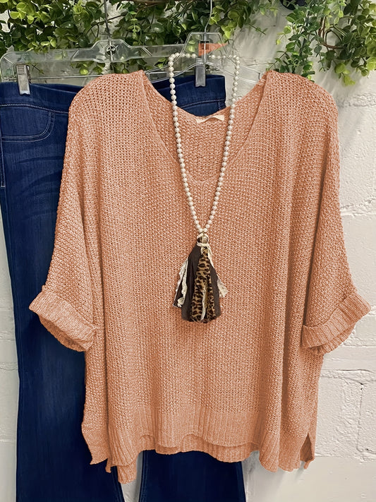  Casual Sweater Women's Solid Half Sleeve V Neck Jumper