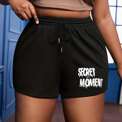  Casual Shorts Women's Plus Letter Print Drawstring Comfort Graphic Sho