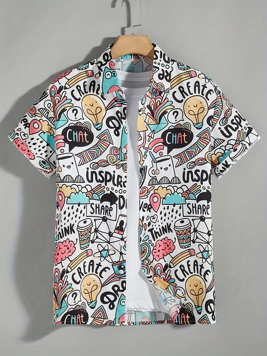 Men's Cartoon Print Hawaiian Shirt for Summer Vacation
