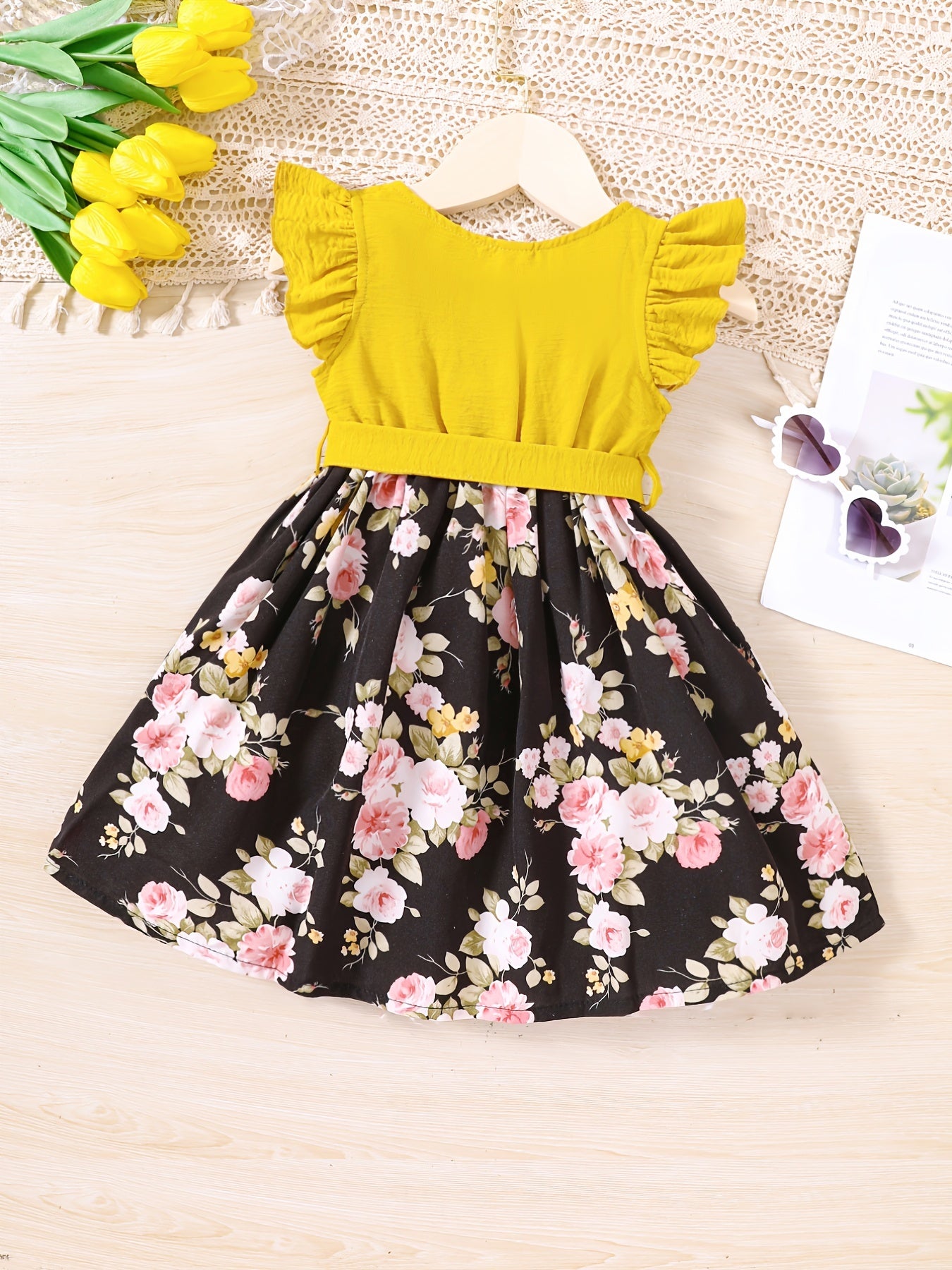 Floral Ruffle Trim Princess Dress For Party Kids Summer
