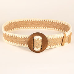 Woven Elastic Waist Belt with Wooden Buckle for Women Dress