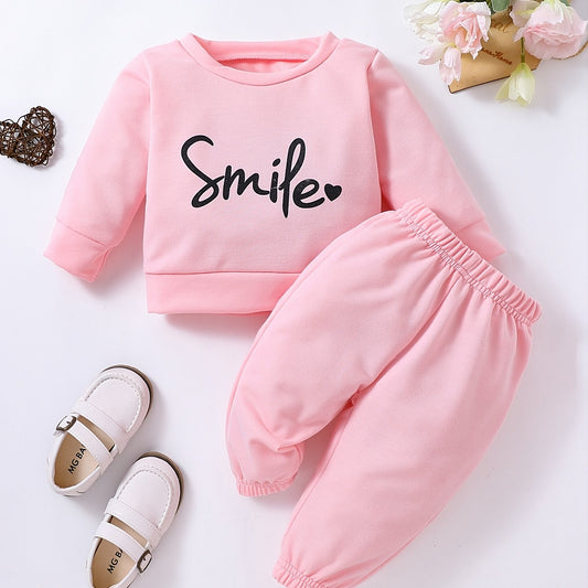 Girls Smile Print Sweatshirt & Sports Pants Set