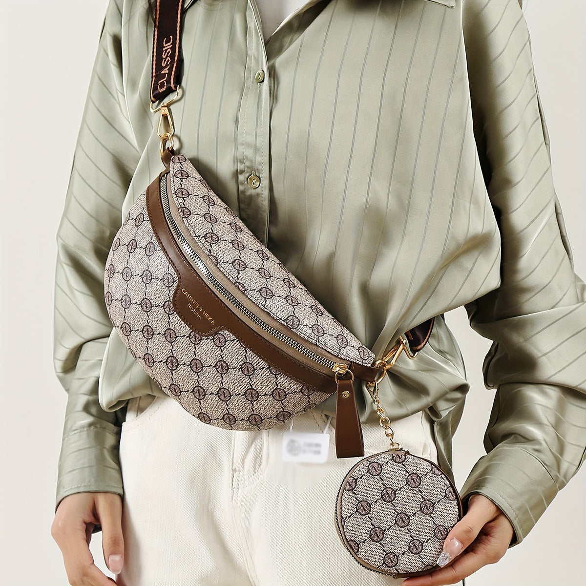 Classic Retro Pattern Crescent Shoulder Bag With Mini Round Purse