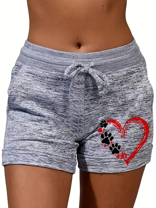 Heart & Paw Pattern Drawstring Shorts Casual Dual Pockets Shorts