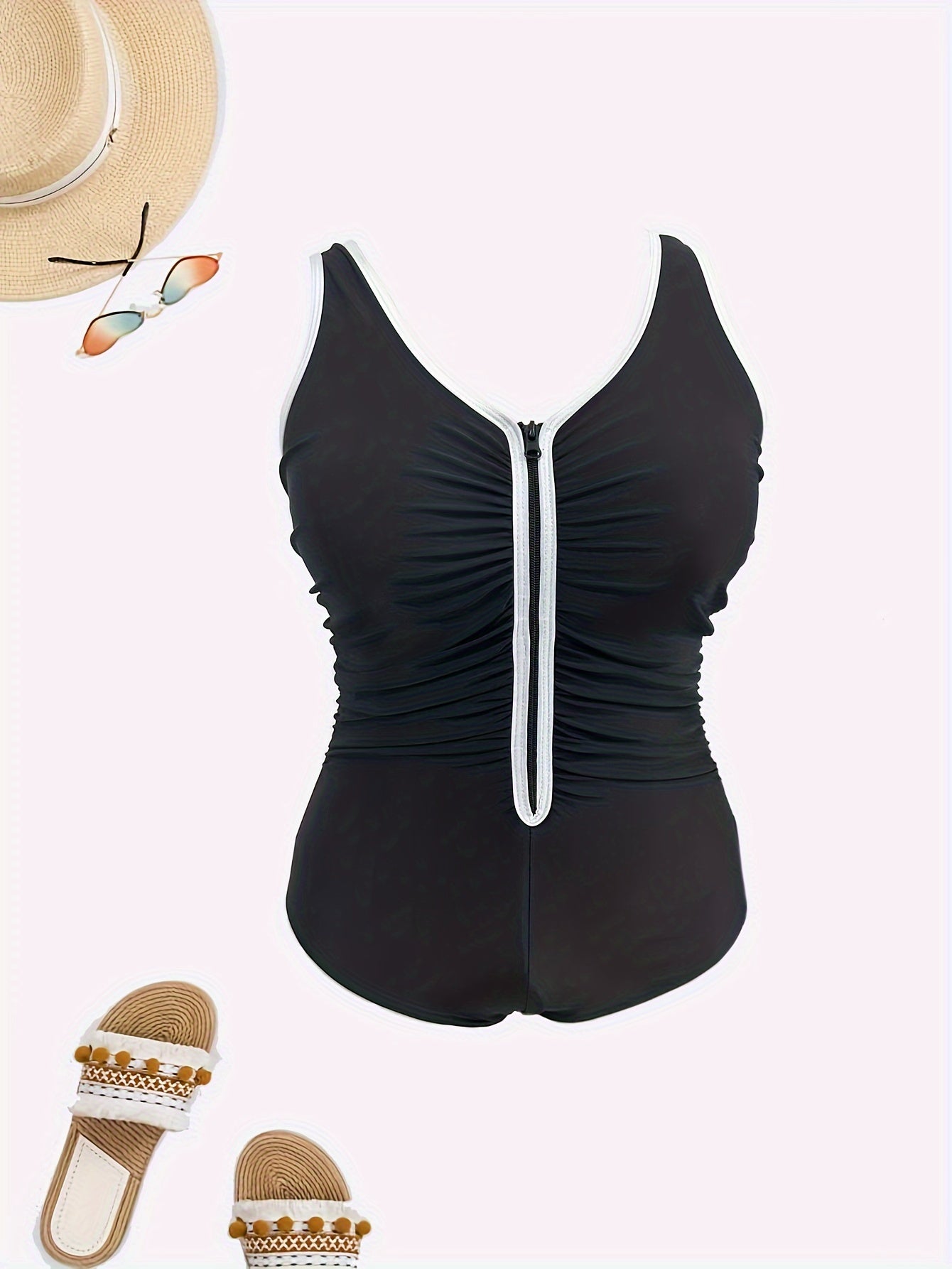 Sporty Plus Size Swimsuit Zipper Front Ruched One Piece Bathing Suit