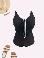 Sporty Plus Size Swimsuit Zipper Front Ruched One Piece Bathing Suit