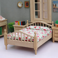 1/12 Scale Wooden Twin Bed Frame with Floral Bedding