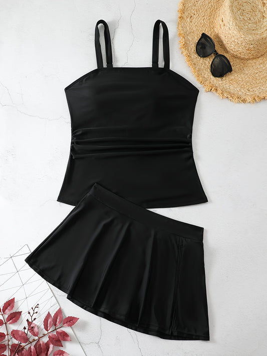  Solid Ruched Square Neck Tankini Set