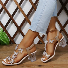 Women's Butterfly Chunky Heels Open Toe Slip On Sandals